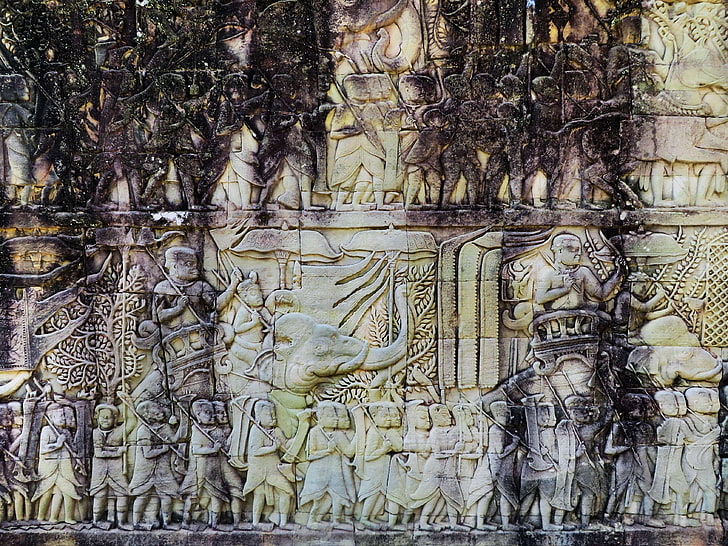 ангкор, ангкор том, барельеф, байон, камбоджа, руины, храм, HD обои