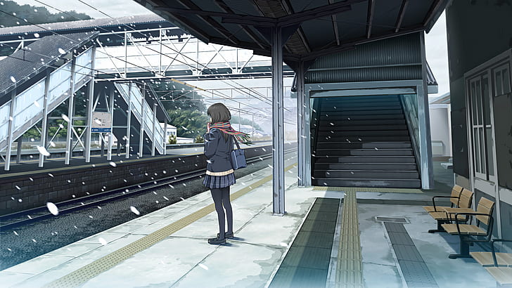 anime, anime girls, school uniform, short hair, scarf, snowing, train station, HD wallpaper
