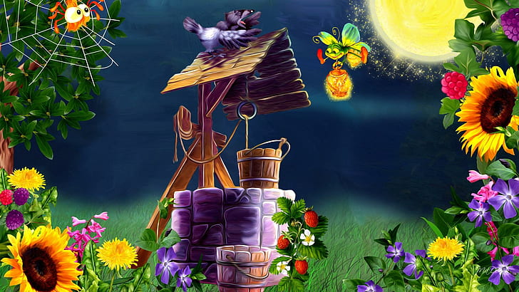 Bacche di fiori luminosi di sole, pozzo viola e marrone sul prato di erba verde con illustrazione di fiori, luci, luna piena, augurando bene, fragole, luminoso, bug, uccello, fiori, primavera, lamponi, Sfondo HD