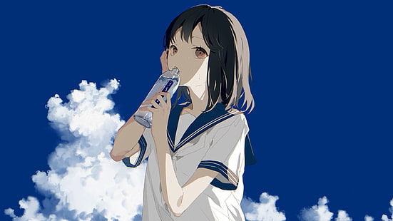 anime, manga, gadis anime, latar belakang sederhana, minimalis, siswi, rambut pendek, awan, biru, langit, minum, seragam pelaut, berambut cokelat, latar belakang biru, Wallpaper HD HD wallpaper