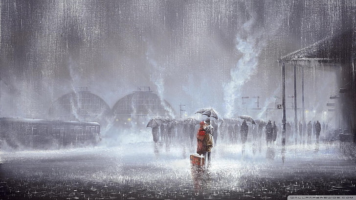 grupo de personas con paraguas, pintura, lluvia, estación de tren, besos, Fondo de pantalla HD