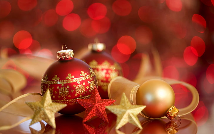 Merry Christmas Decoration Star, lotto di palline di Natale rosso e oro, Festività / Vacanze, Natale, decorazioni, Sfondo HD
