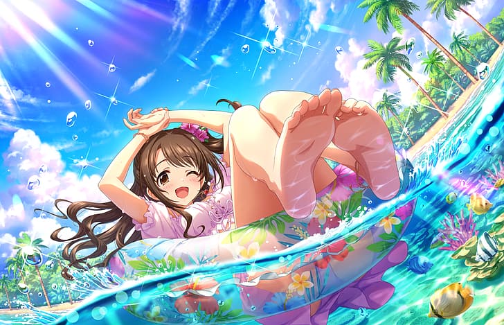 beach, anime girls, palm trees, Shimamura Uzuki, wink, one eye closed, water, brunette, lying down, arms up, tropical fish, floater, looking at viewer, open mouth, foot sole, barefoot, pink clothing, water drops, lens flare, sunlight, long hair, flower in hair, fish, hibiscus, smiling, toes, clouds, sky, HD wallpaper