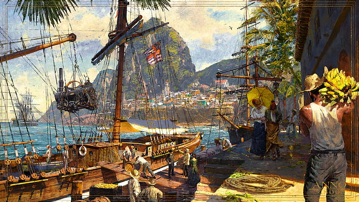 Anno 1800, 1800s, digital art, concept art, ship, harbor, South America, sailing ship, pier, Caribbean, bananas, artwork, Ubisoft, HD wallpaper