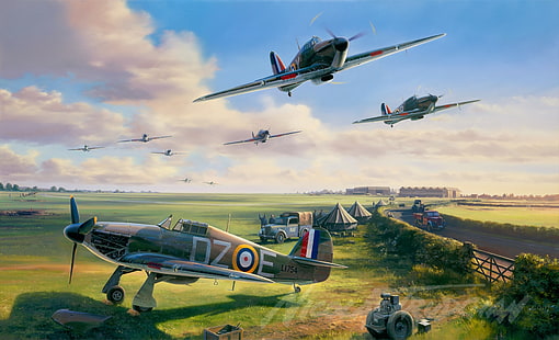 papel de parede de aviões de combate, aeronaves militares, Força Aérea Real, Furacão Hawker, Hawker, Segunda Guerra Mundial, Batalha da Grã-Bretanha, HD papel de parede HD wallpaper