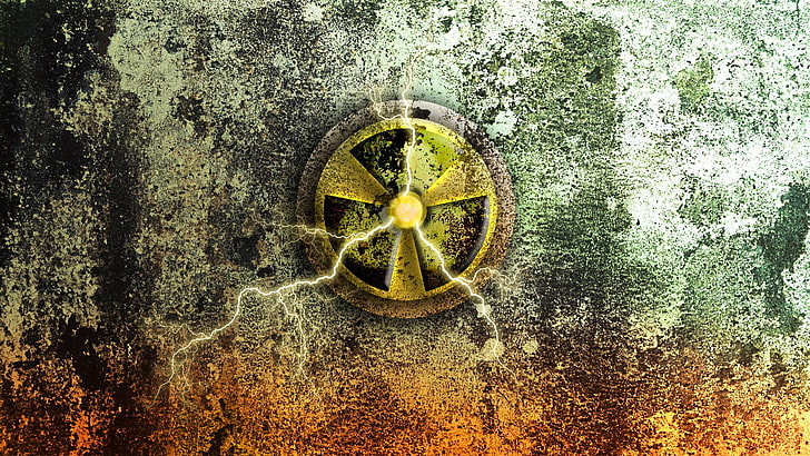 кръгъл тапет с жълто и черно лого, радиоактивен, опасен, тухли, HD тапет
