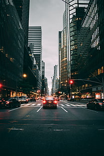 улица, път, трафик, автомобили, град, сгради, Ню Йорк, САЩ, HD тапет HD wallpaper