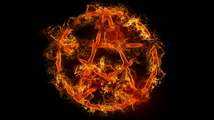 red burning star illustration, fire, symbol, pentagram, HD wallpaper