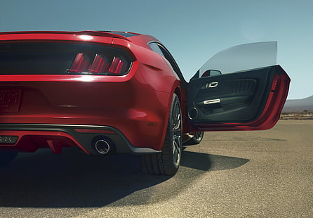 red, Mustang, Ford, muscle car, rear, open door, HD wallpaper HD wallpaper