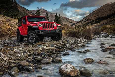 agua, montañas, rojo, piedras, 2018, Jeep, Wrangler Rubicon, Fondo de pantalla HD HD wallpaper