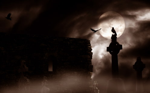 cmentarz, ciemny, gotycki, cmentarz, halloween, horror, kruk, Tapety HD HD wallpaper