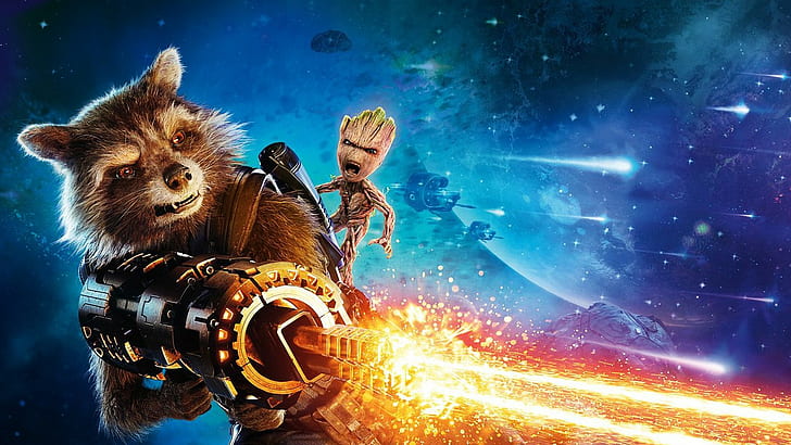 rocket raccoon groot baby groot guardians of the galaxy vol_ 2 marvel cinematic universe guardians of the galaxy, HD wallpaper