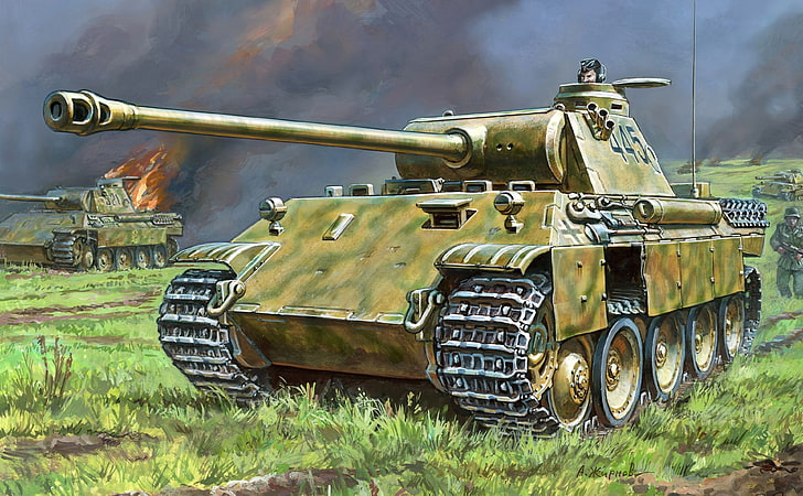 ilustracja zielonego czołgu bojowego, ogień, płomień, wojna, atak, postać, sztuka, czołgi, piechota, WW2, niemiecki, PzKpfw V «Panther», Tapety HD