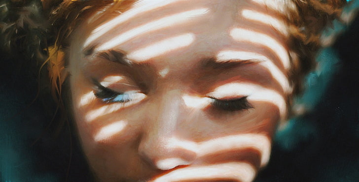 women, painting, artwork, closed eyes, eyelashes, face, closeup, Mark Chang, HD wallpaper