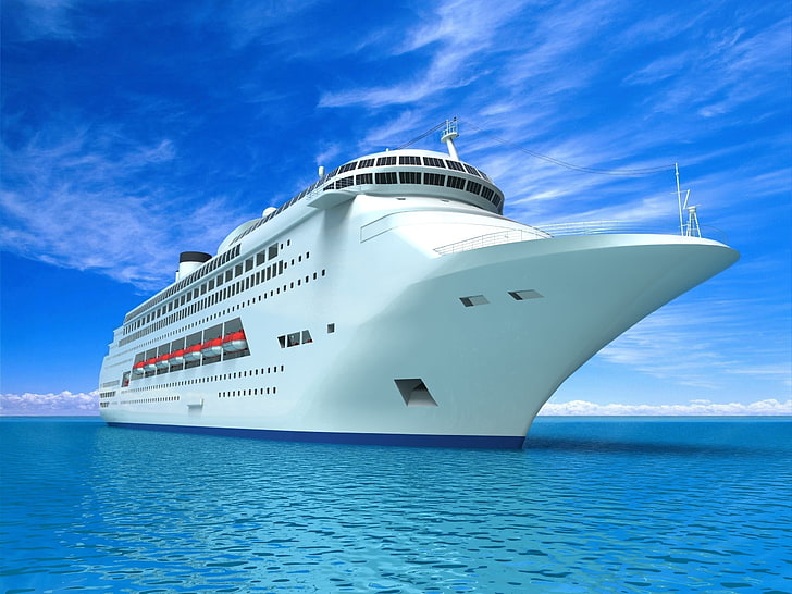biały statek wycieczkowy, statek, statek, grafika, morze, koncepcja, Tapety HD