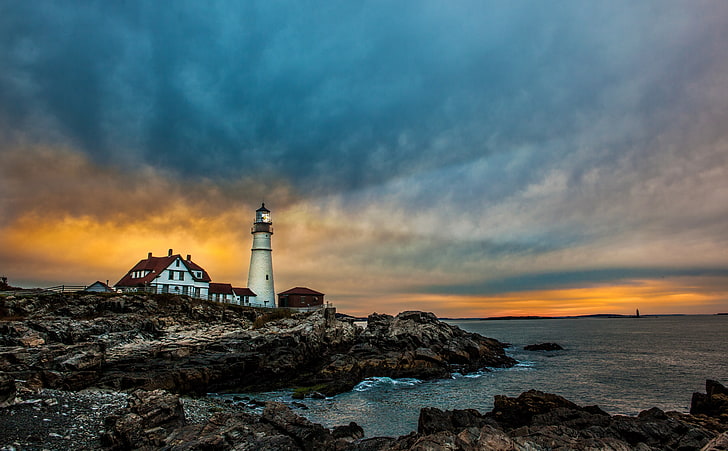 Portland Head Light Lighthouse, white lighthouse, United States, Maine, Sunrise, Blue, Orange, October, Clouds, Lighthouse, Stormy, portland, lighthouses, capeelizabeth, HD wallpaper