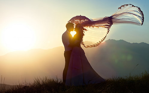 Hochzeits-Paar-Sonnenuntergang Romance, Schattenbild des Paares, Liebe, Hochzeit, Paar, romantisch, HD-Hintergrundbild HD wallpaper