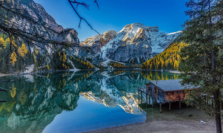 gunung di samping badan lukisan air, alam, pemandangan, danau, musim gugur, gunung, hutan, biru, langit, air, rumah, refleksi, pegunungan Alpen, Italia, Wallpaper HD