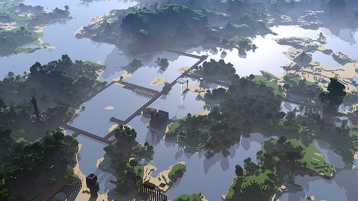 karya seni kepulauan, foto udara dari pulau terbagi, Minecraft, hijau, video game, Wallpaper HD