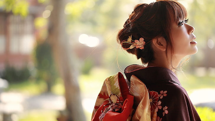 Японско момиче отзад, кимоно, японско, момиче, гръб, изглед, кимоно, HD тапет