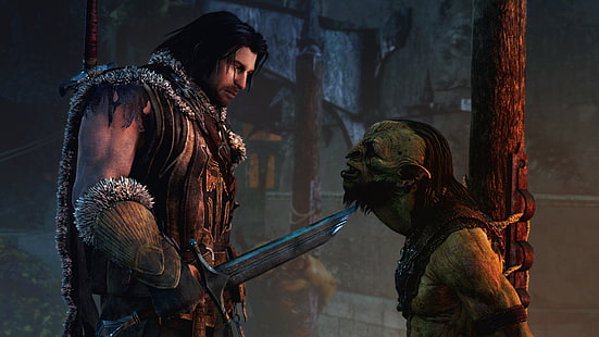 Pria yang memegang pedang di depan troll diikat di wallpaper pohon, Middle-earth: Shadow of Mordor, video game, Wallpaper HD HD wallpaper