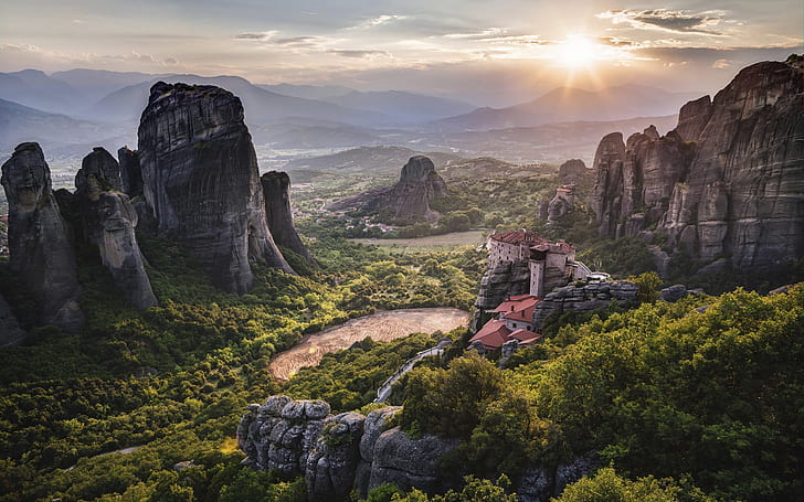 Greece, monastery, Meteora, World Heritage, mountains, sunrise, Greece, Monastery, Meteora, World, Heritage, Mountains, Sunrise, HD wallpaper