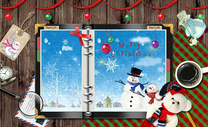 notebook, snowmen, table, coffee, snowflakes, holiday, christmas, toys, notebook, snowmen, table, coffee, snowflakes, holiday, christmas, toys, HD wallpaper