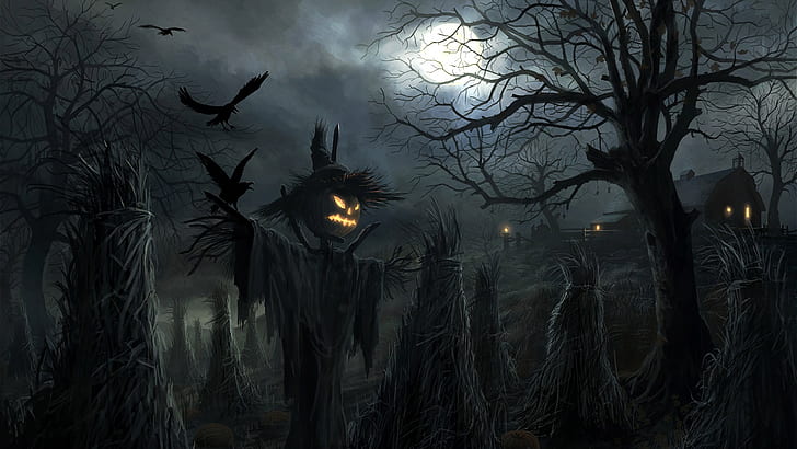 moonlight, darkness, scarecrow, full moon, halloween night, halloween, spooky, HD wallpaper