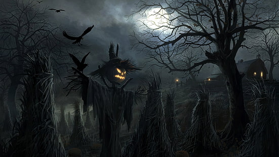 månsken, mörker, fågelskrämma, fullmåne, halloween natt, halloween, spöklikt, HD tapet HD wallpaper