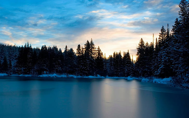 nature, lac, glace, neige, coucher de soleil, arbres, forêt, nuages, Fond d'écran HD