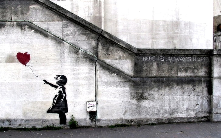 niño a punto de atrapar la decoración de la pared del globo, Banksy, obras de arte, urbano, pared, Fondo de pantalla HD