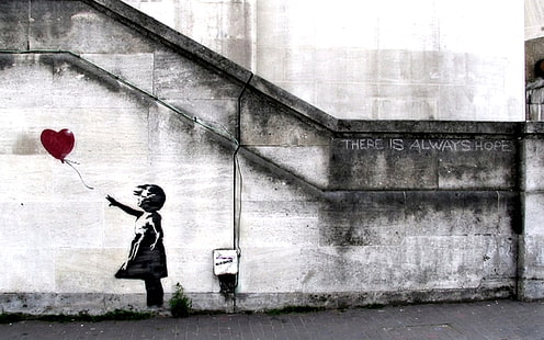 toddler about to catch balloon wall decor, Banksy, artwork, urban, wall, HD wallpaper HD wallpaper