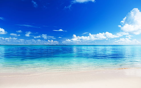морски бряг цифрови тапети, море, плаж, хоризонт, пясък, тропици, HD тапет HD wallpaper