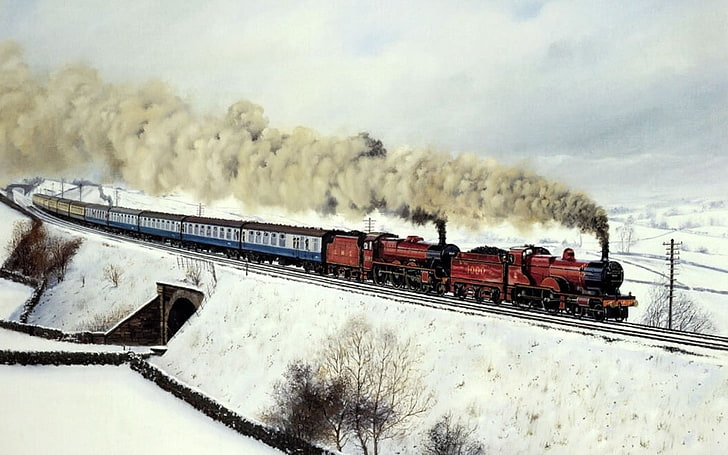 brązowo-niebieski pociąg parowy, natura, pociąg, dzieło sztuki, pojazd, zima, Tapety HD