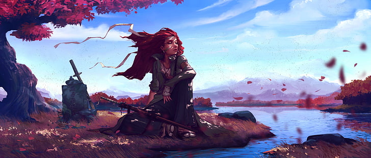 female anime character, red hair girl character illustration, anime, anime girls, sky, leaves, sword, weapon, river, water, landscape, redhead, HD wallpaper