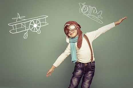 белый свитер мальчика, мечта, шляпа, мальчик, очки, рисунки, ребенок, самолет, летчик, HD обои HD wallpaper