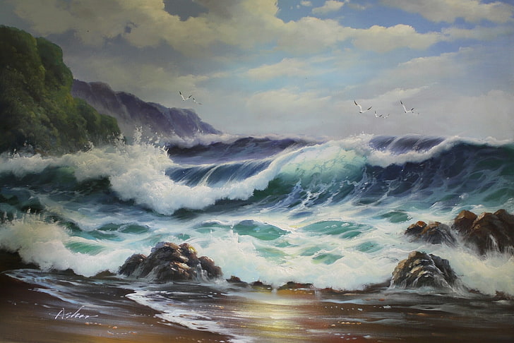 peinture des vagues de la mer frappant le bord de mer, nature, eau, mer, vagues, côte, rocher, falaise, oiseaux, nuages, peinture, œuvres d'art, peinture à l'huile, Fond d'écran HD