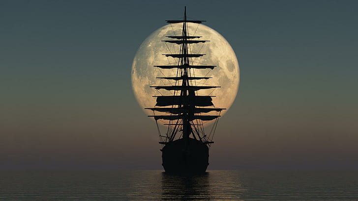 سفينة القراصنة صورة ظلية HD ، القمر ، سفينة القراصنة ، القراصنة ، الأشرعة ، البحر ، صورة ظلية، خلفية HD
