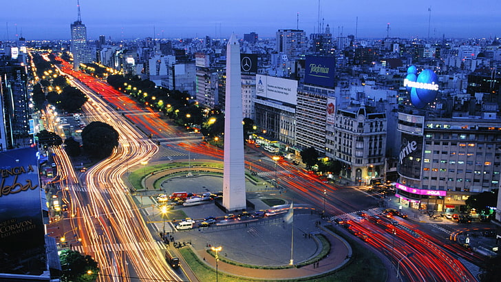 vista sulla città della carta da parati della città, Obelisco de Buenos Aires, Argentina, Buenos Aires, città, lunga esposizione, monumenti, sentieri di luce, Sfondo HD