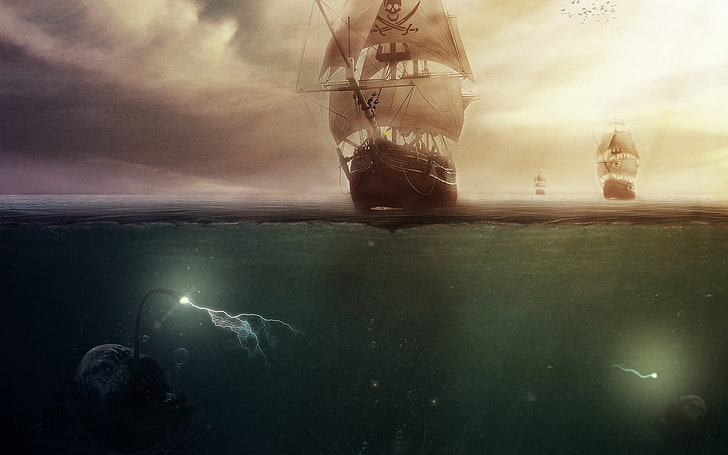 fond d'écran numérique de voilier noir et blanc, pirates, sous l'eau, navire, créature, art fantastique, Fond d'écran HD