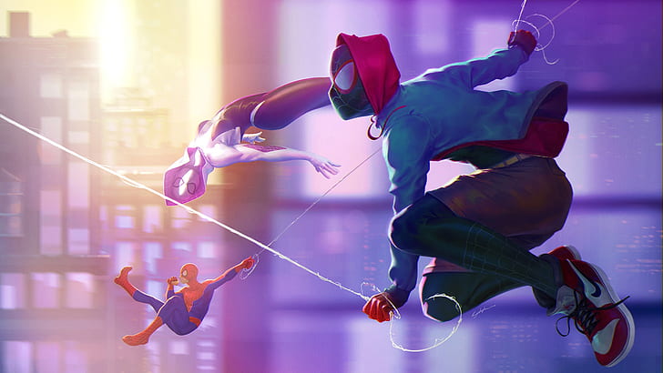 Spider-Man, artwork, superhero, Peter Parker, Gwen Stacy, Miles Morales, Spider Gwen, Spider-Gwen, HD wallpaper