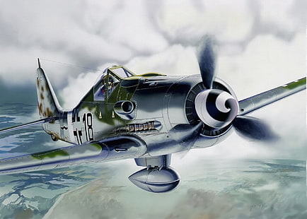 ภาพประกอบเครื่องบินใบพัดสีเทาและสีเขียว, สงคราม, ศิลปะ, ww2, เครื่องบินเยอรมัน, Fw 190 D-9, ภาพวาดการบิน, นักล่าเครื่องบินทิ้งระเบิด, วอลล์เปเปอร์ HD HD wallpaper