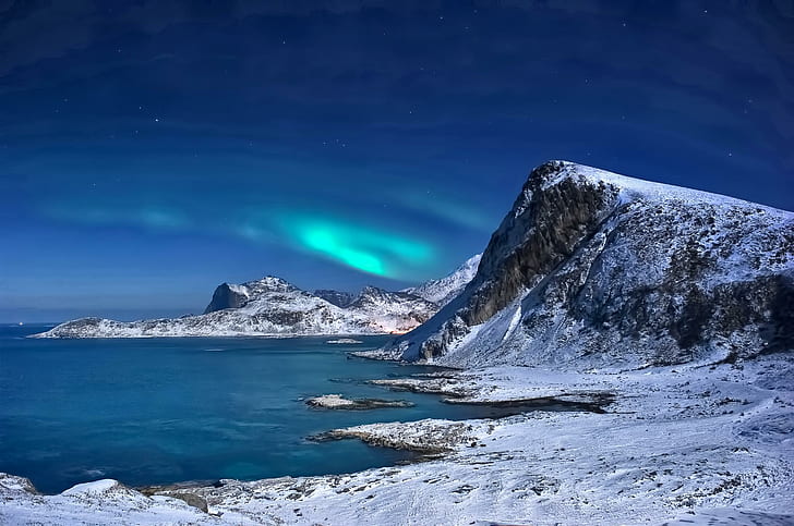 Landscape Winter Snow Mountains Sea Northern Lights Lofoten Islands Norway For Android, lakes, android, islands, landscape, lights, lofoten, mountains, northern, norway, snow, winter, HD wallpaper