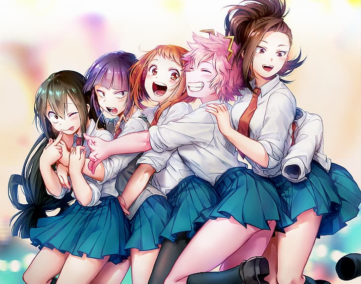 filles d'anime, Boku no Hero Academia, Ashido Mina, Asui Tsuyu, Hagakure Tōru, Yaoyorozu Momo, Uraraka Ochako, groupe de femmes, coloré, uniforme scolaire, étreindre, jupe, souriant, heureux, cheveux roses, Fond d'écran HD