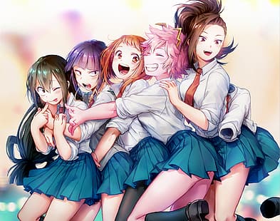 filles d'anime, Boku no Hero Academia, Ashido Mina, Asui Tsuyu, Hagakure Tōru, Yaoyorozu Momo, Uraraka Ochako, groupe de femmes, coloré, uniforme scolaire, étreindre, jupe, souriant, heureux, cheveux roses, Fond d'écran HD HD wallpaper