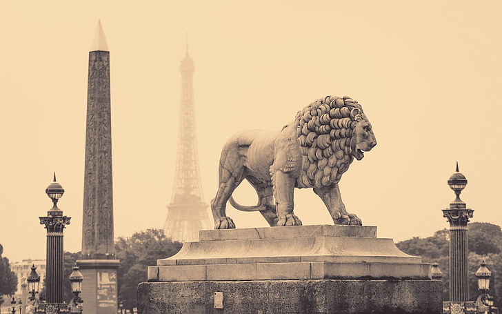 lejonstaty, lejon, staty, gata, stad, frankrike, paris, svartvitt, HD tapet