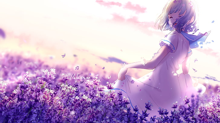 Anime Girl Lavender Purple Flowers 4K, Menina, Flores, Roxo, Anime, Lavanda, HD papel de parede