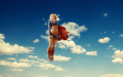 DC Supergirl papel de parede digital, Supergirl, céu, nuvens, anime, voador, loira, super-herói, obra de arte, DC Comics, super-heroínas, capa, arte digital, HD papel de parede HD wallpaper
