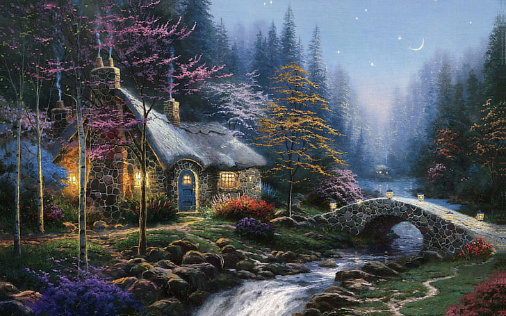 szary dom w pobliżu rzeki malowanie, jesień, las, rzeka, księżyc, gwiazdy, zjadły, światła, zmierzch, malowanie, most, domek, brzoza, Thomas Kinkade, Twilight Cottage, Tapety HD