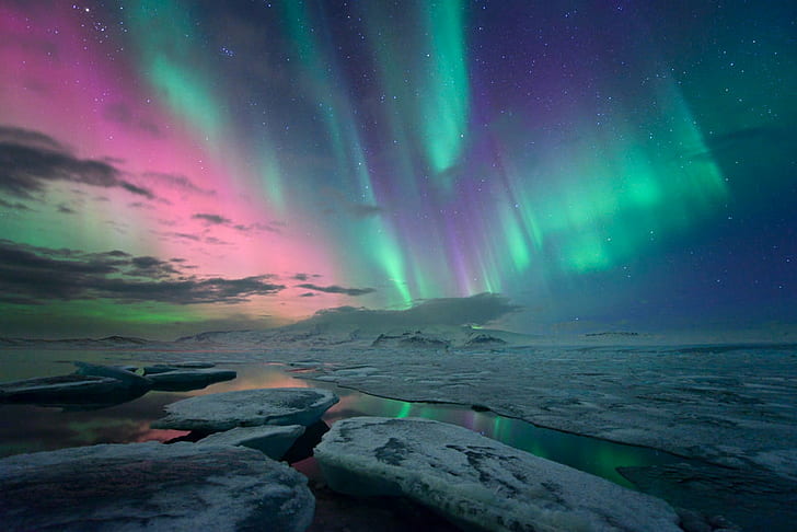 Aurora kuzey ışıkları, izlanda, izlanda, Aurora Borealis, İzlanda, kuzey ışıkları, arktik, buzul, buzul buzu, jokulsarlon, lagün, kara, reykjavik, kar, kış, doğa, gece, yıldız - Uzay, aurora Polaris, peyzaj, deniz,astronomi, mavi, HD masaüstü duvar kağıdı
